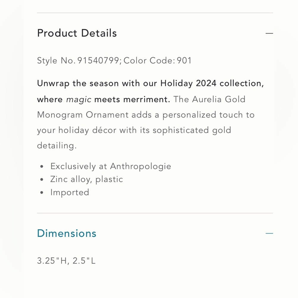Anthropologie Aurelia Gold Pearl Monogram Letter “A” Initial Ornament NWT - Picture 2 of 2
